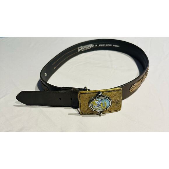 Nocona Belt Men 36 Brown Leather Western Cowboy Rodeo Silver/Gold Accent Aztec - Picture 1 of 15